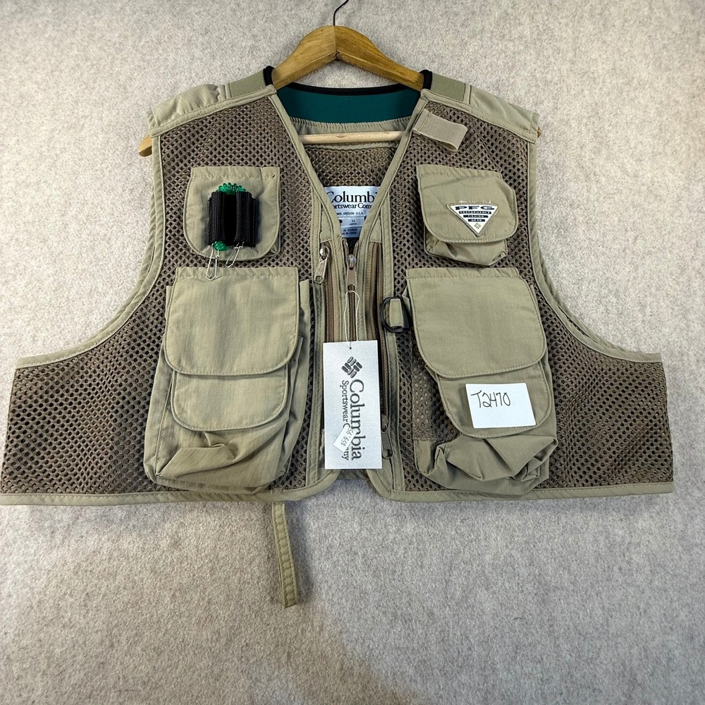 NWT Columbia PFG Performance Fishing Gear Mesh Utility Vest Tan Khaki Mens L